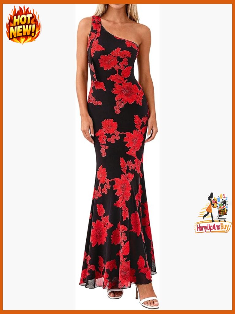 One Shoulder Maxi Dress Floral Bodycon Mesh Elegant Beach Vacation Formal